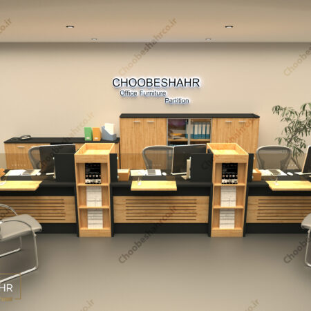 میز پذیرش گروهی - گیشه بانکی - کد BRD-101 با کد رنگ طرح چوب روشن و مشکی