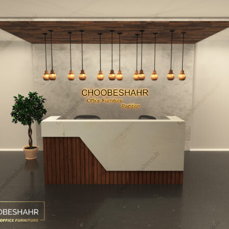 کانتر پذیرش - میز منشی کد RD-117 رنگ بندی ترمو طرح چوب گردویی و سنگ رگه دار سفید