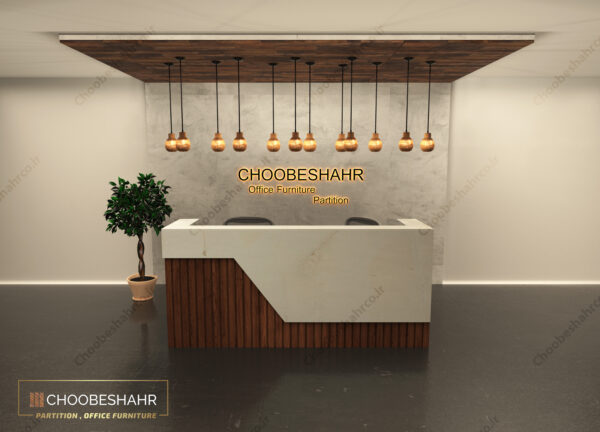 کانتر پذیرش - میز منشی کد RD-117 رنگ بندی ترمو طرح چوب گردویی و سنگ رگه دار سفید